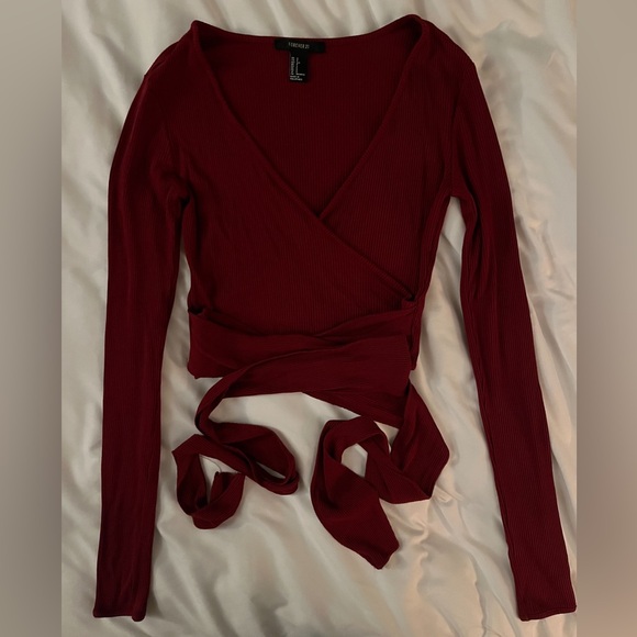 Forever 21 Small Ribbed Burgundy Tie-up Wrap Crop Top - Picture 5 of 11